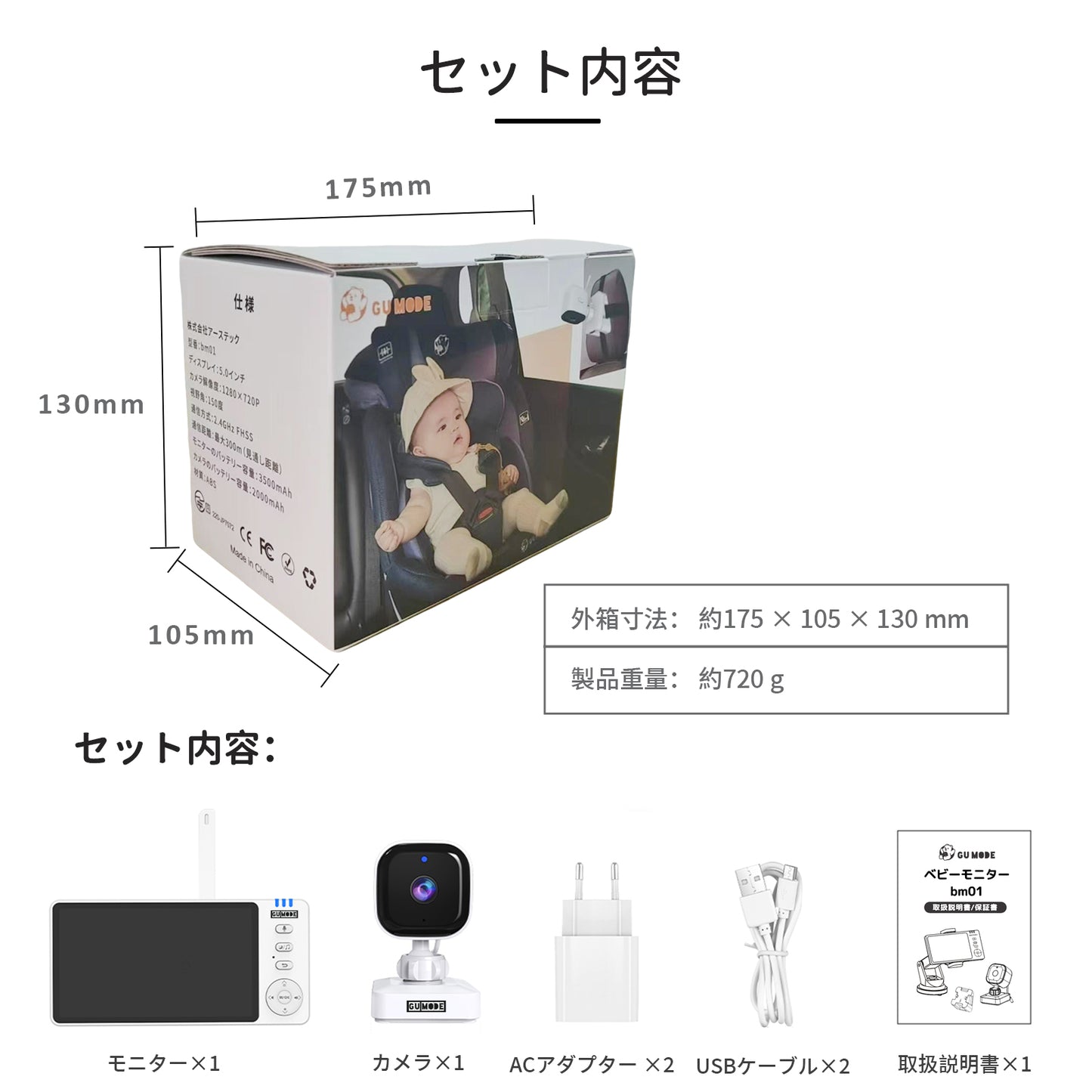 【国内認証取得】ベビーモニター ベビーカメラ 見守りカメラ モニター付き wifi不要 車載&室内2WAY 5インチ大画面 ナイトビジョン 温度警報 VOX 授乳リマインダー 子守唄 トーク機能 bm01 ペットカメラ 出産祝い ギフト 赤ちゃん gumode