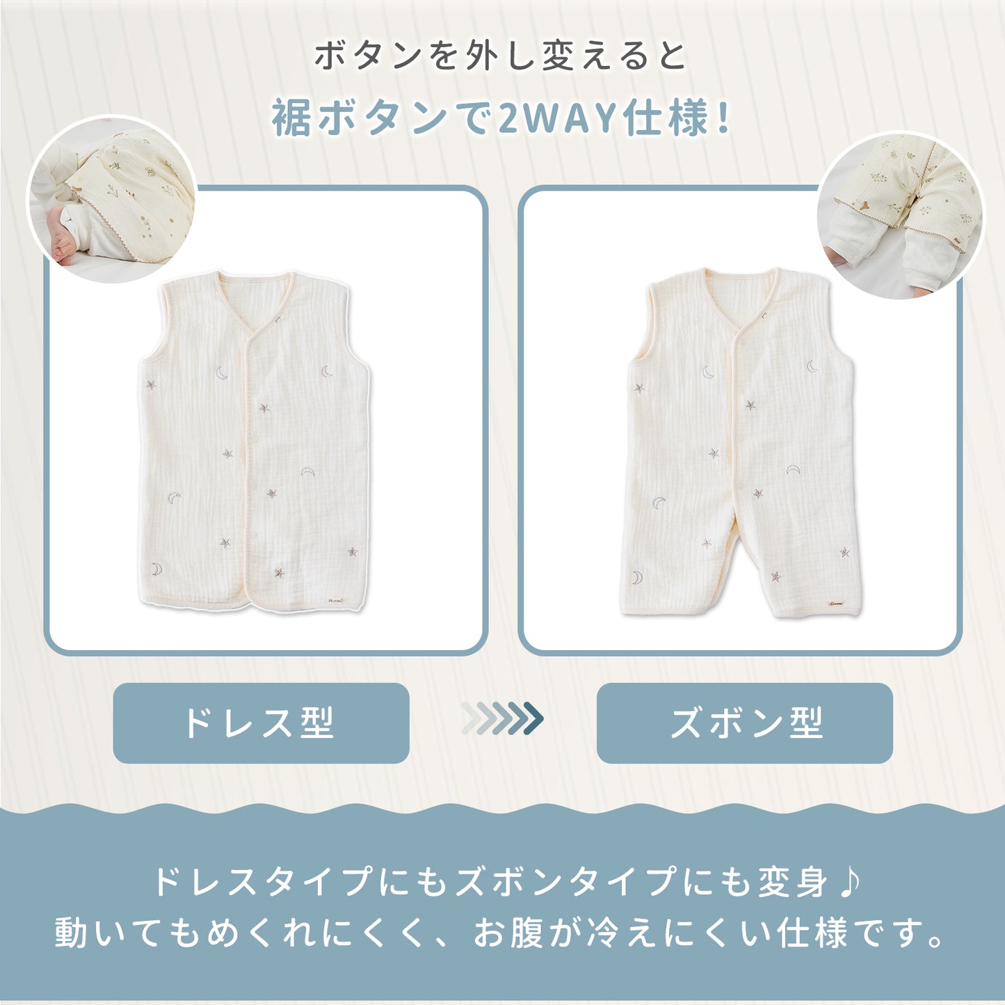 ガーゼスリーパー ベビースリーパー綿100% 2重 6重 丸ごと洗える 前開きスナップ 2WAY裾ボタン 寝冷え対策 新生児 乳幼児 キッズ 出産祝い ギフト袋付 S/M/L 認証取得 ホルムアルデヒド検査済 GUMODE
