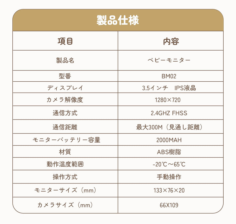 3.5インチベビーモニターの製品仕様表