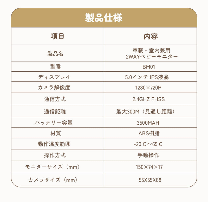 ベビーモニターの製品仕様表
