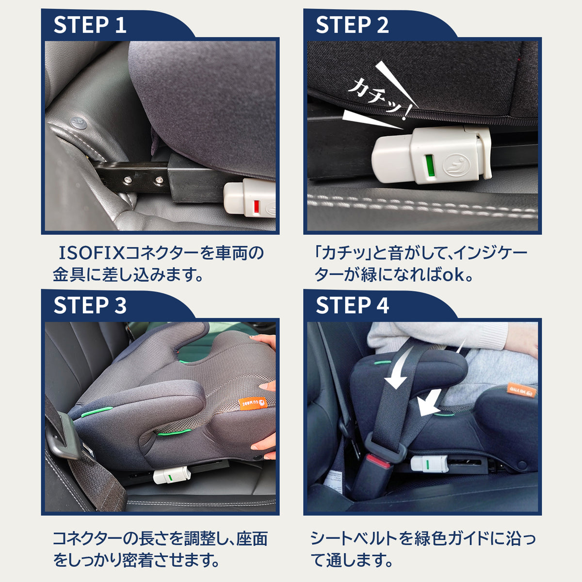 ISOFIX固定ジュニアシートの4ステップ取り付け方法