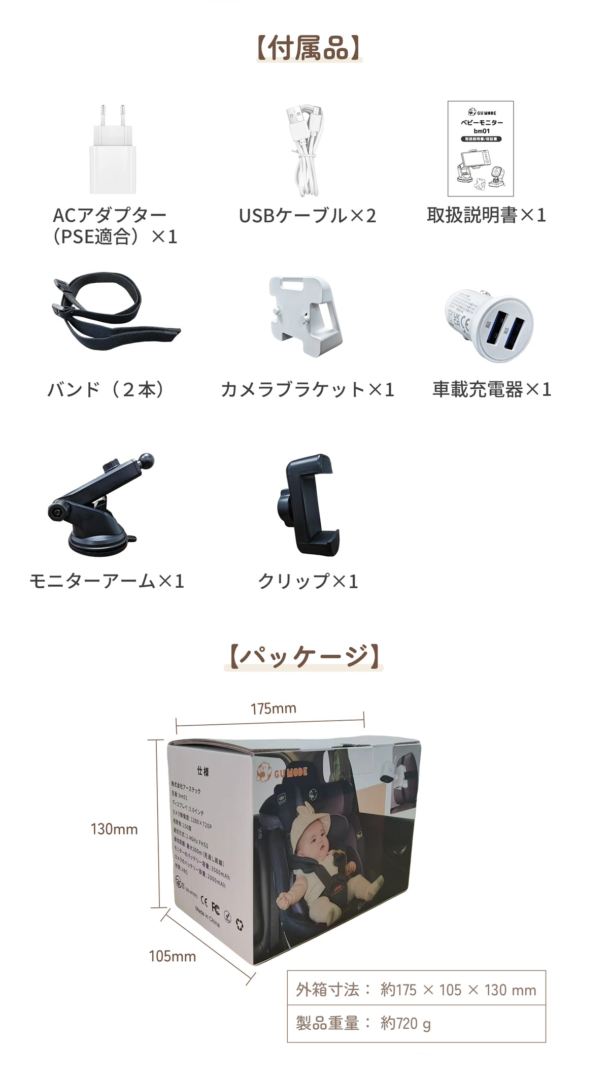 ベビーモニターの付属品一覧