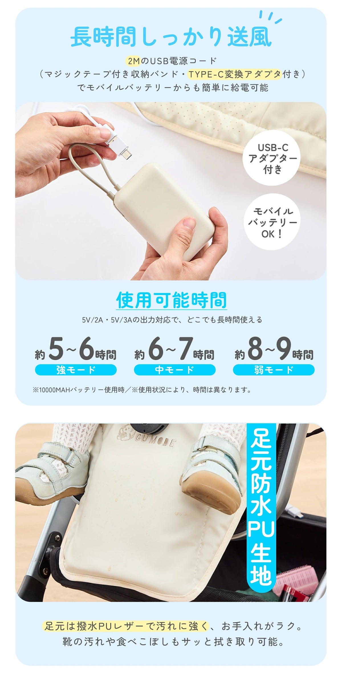 長時間送風と足元防水仕様のイメージ