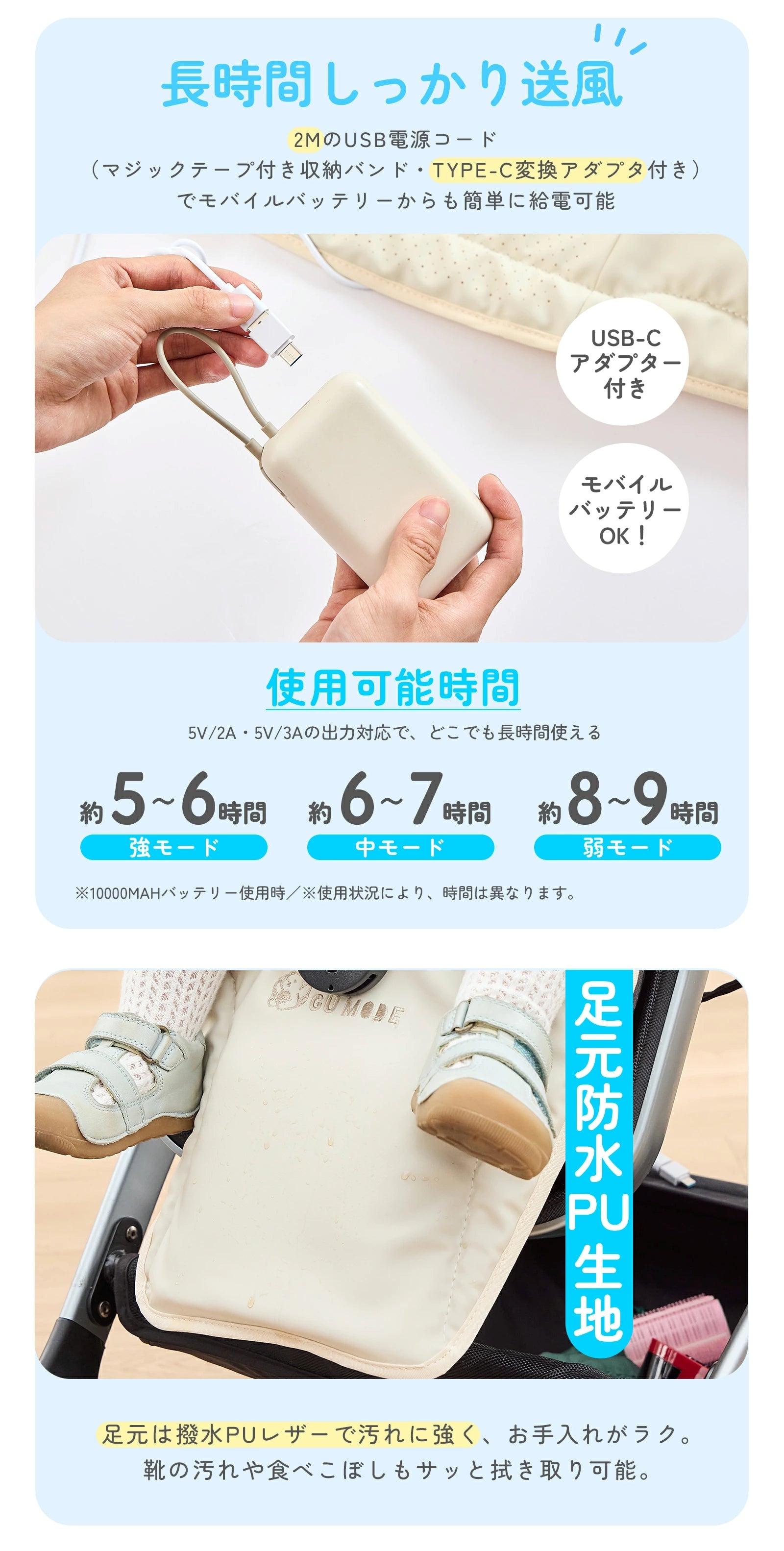 長時間送風と足元防水仕様のイメージ