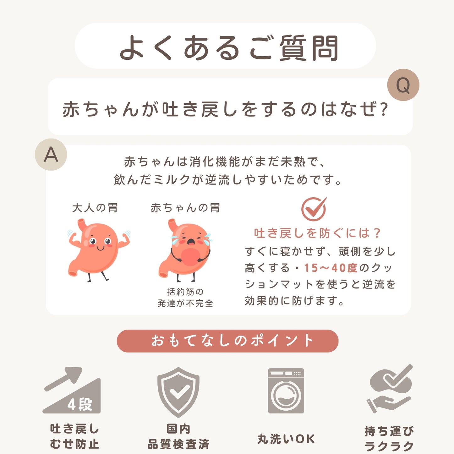 ベッドインベッド ベビークッション マットレス 吐き戻しケア 出産祝い 角度調節4段 洗える イブル綿カバー  中材ウレタン コンパクト収納 新生児から 90 45 グレー ベージュ 新生児から 斜めベビーマット 傾斜 ななめ