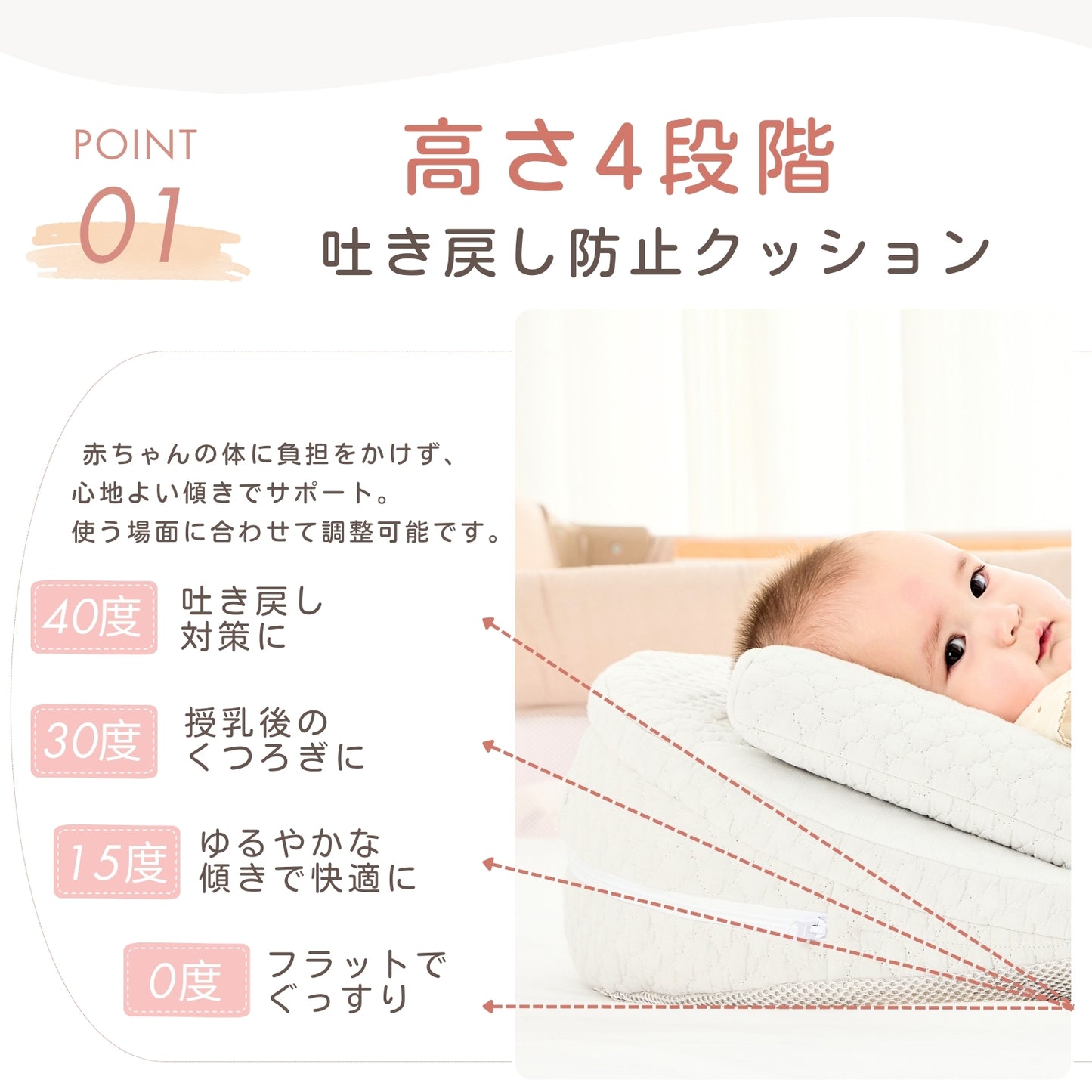 ベッドインベッド ベビークッション マットレス 吐き戻しケア 出産祝い 角度調節4段 洗える イブル綿カバー  中材ウレタン コンパクト収納 新生児から 90 45 グレー ベージュ 新生児から 斜めベビーマット 傾斜 ななめ