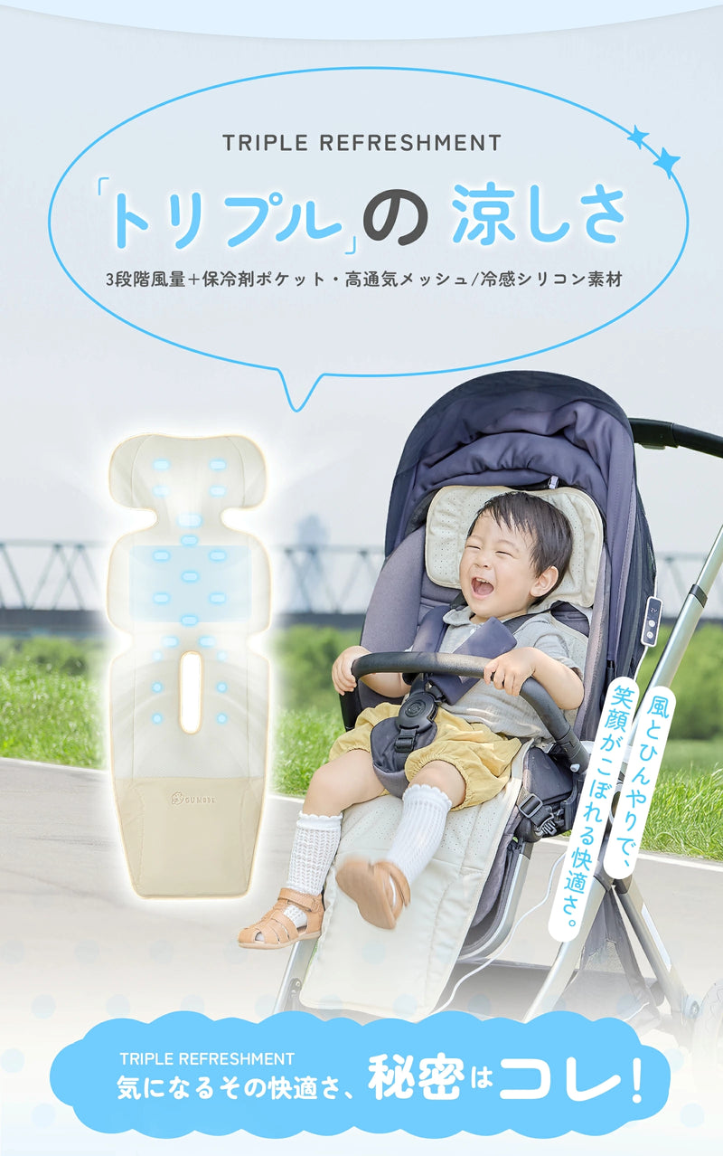 3段階風量と保冷剤ポケットを備えたクールシートの特長イメージ