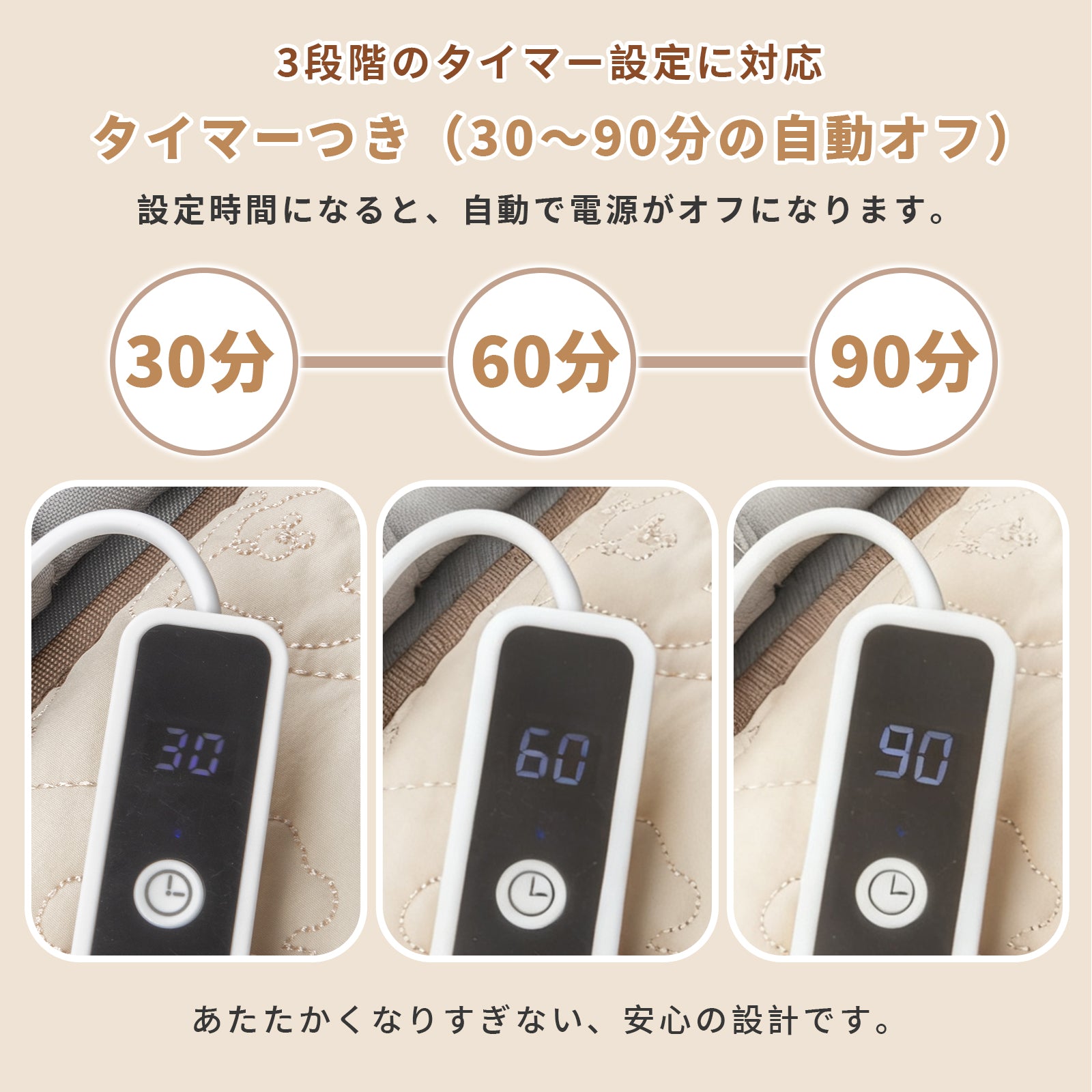 30分から90分まで設定できるタイマー機能の説明イメージ