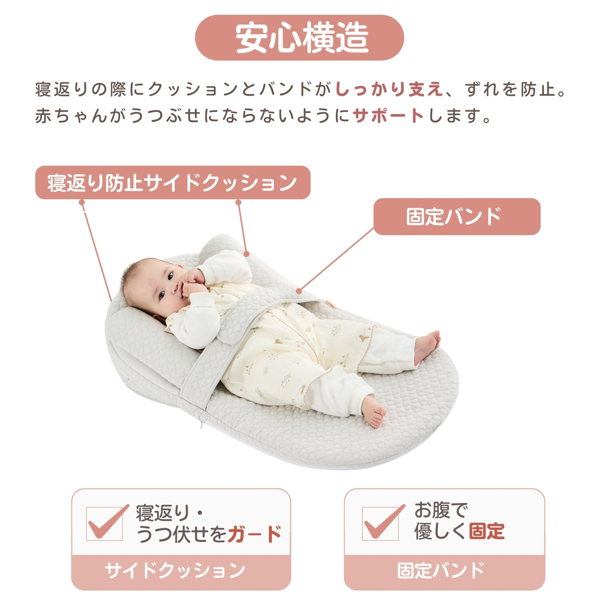 サイドクッションと固定バンドの安心構造