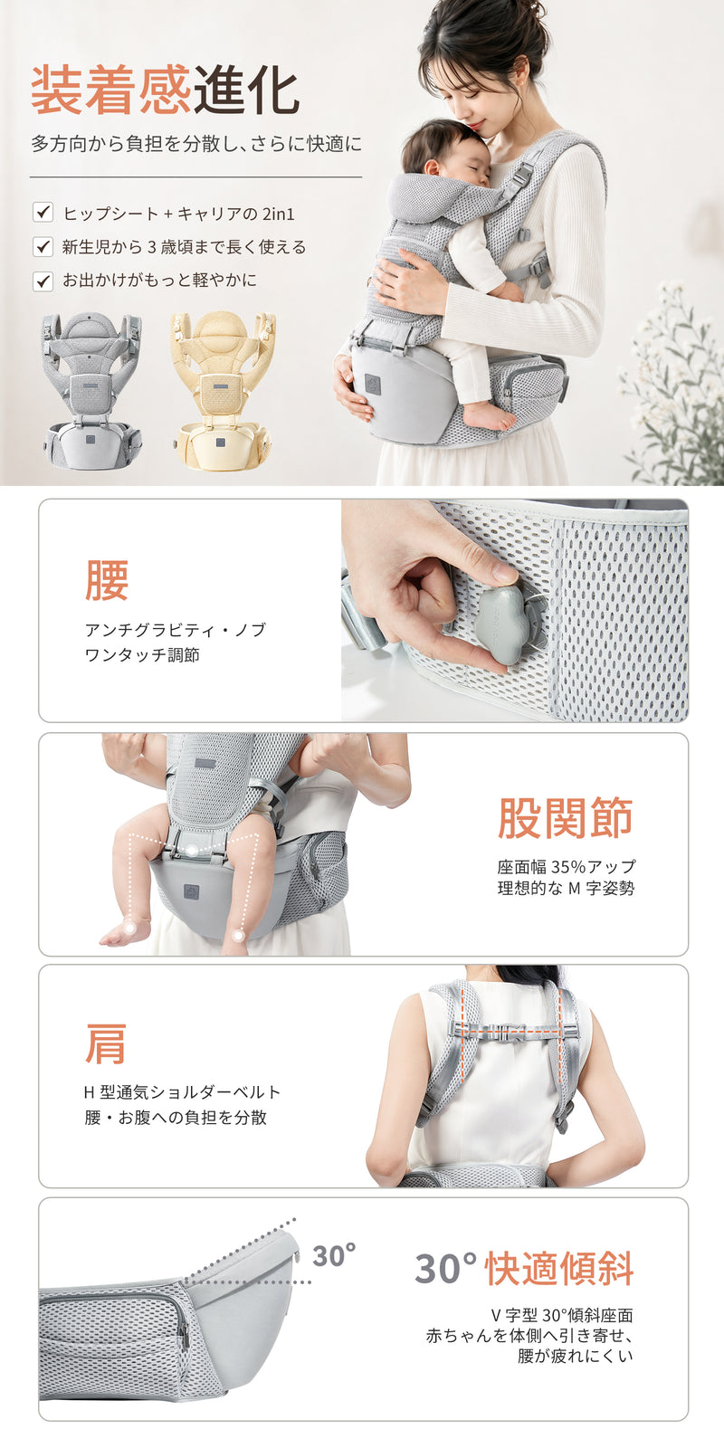 GU MODE AD01 肩と腰への荷重分散と30度傾斜座面