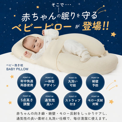 ベビー枕で眠る赤ちゃんと機能アイコン
