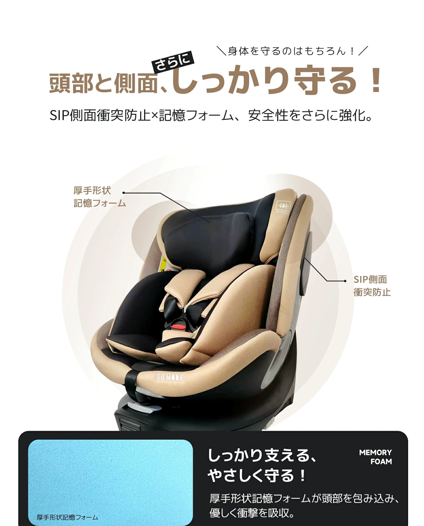 【R129適合】チャイルドシート 360°回転式  ISOFIX対応 3WAY 新生児～12歳頃 40～150cm リクライニング ロングユース ジュニアシート サポートレッグ付き メモリーフォームヘッドレスト 取付簡単 5年保証 GU MODE