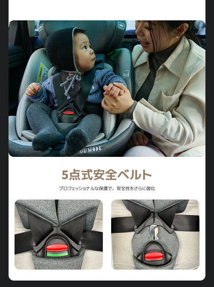 【R129適合】チャイルドシート 360°回転式  ISOFIX対応 3WAY 新生児～12歳頃 40～150cm リクライニング ロングユース ジュニアシート サポートレッグ付き メモリーフォームヘッドレスト 取付簡単 5年保証 GU MODE