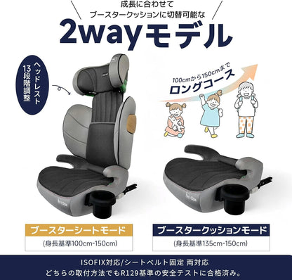 【2025新モデル】2wayジュニアシート R129適合 ISOFIX対応 100～150cm 3歳頃から12歳 チャイルドシート 小学生まで使える ドリンクホルダー付 メモリーフォームヘッドレスト 衝撃緩和 13段階ヘッド調整 ロングユース GUMODE