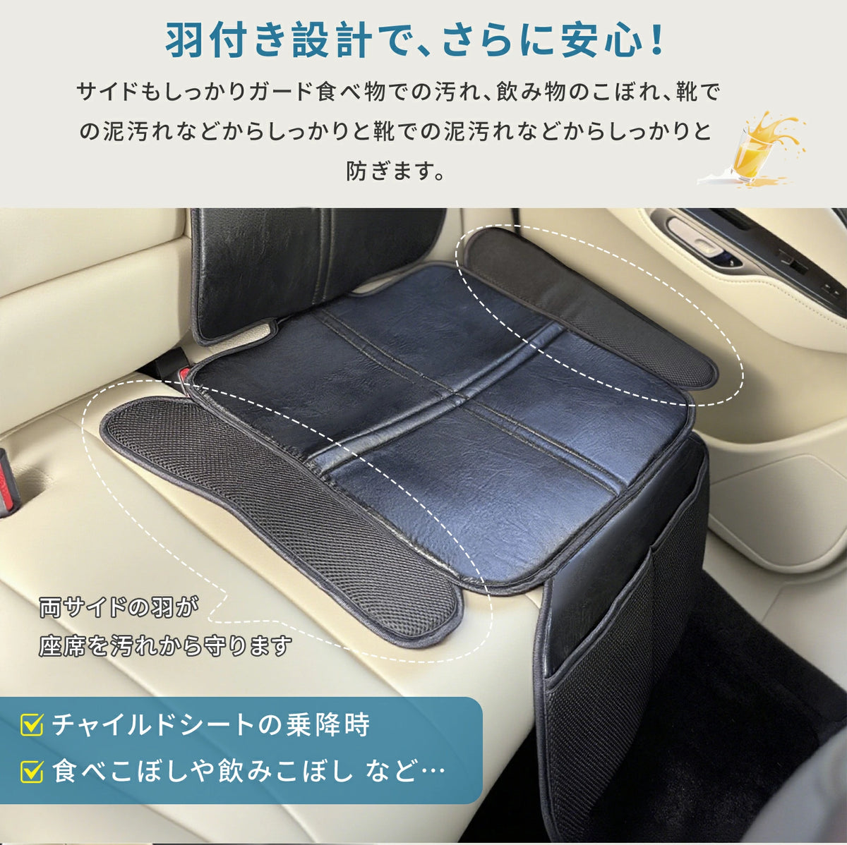 羽付き設計で座面まわりを守るイメージ