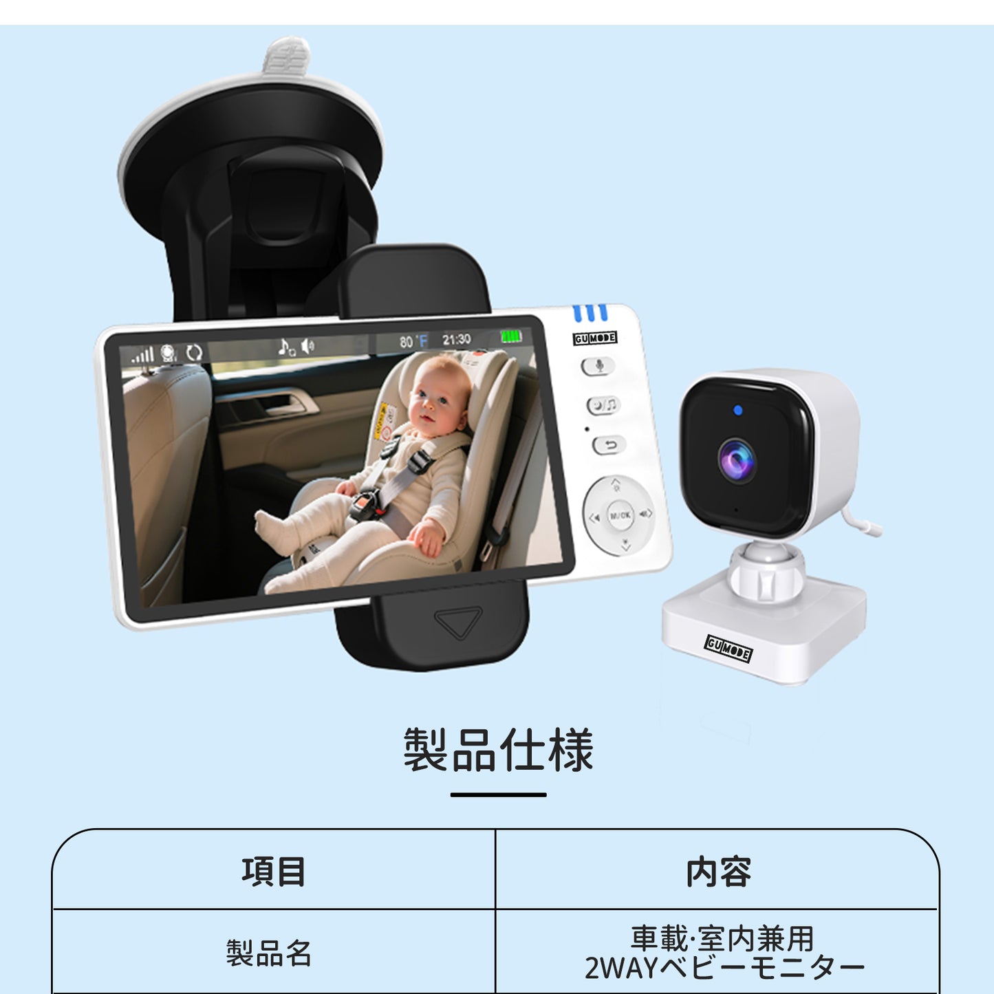 【国内認証取得】ベビーモニター ベビーカメラ 見守りカメラ モニター付き wifi不要 車載＆室内2WAY 5インチ大画面 ナイトビジョン 温度警報 VOX 授乳リマインダー 子守唄 トーク機能 bm01 ペットカメラ 出産祝い ギフト  赤ちゃん gumode