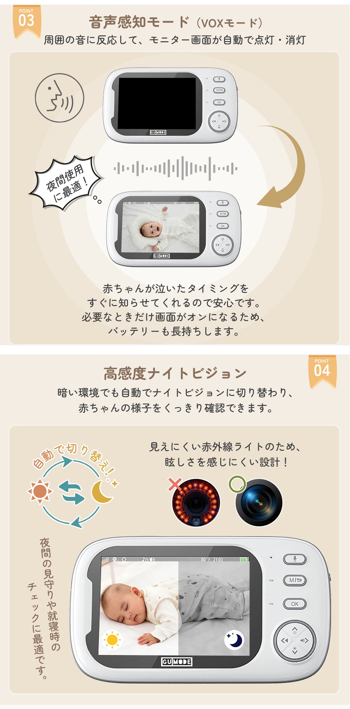 VOXモードとナイトビジョン機能