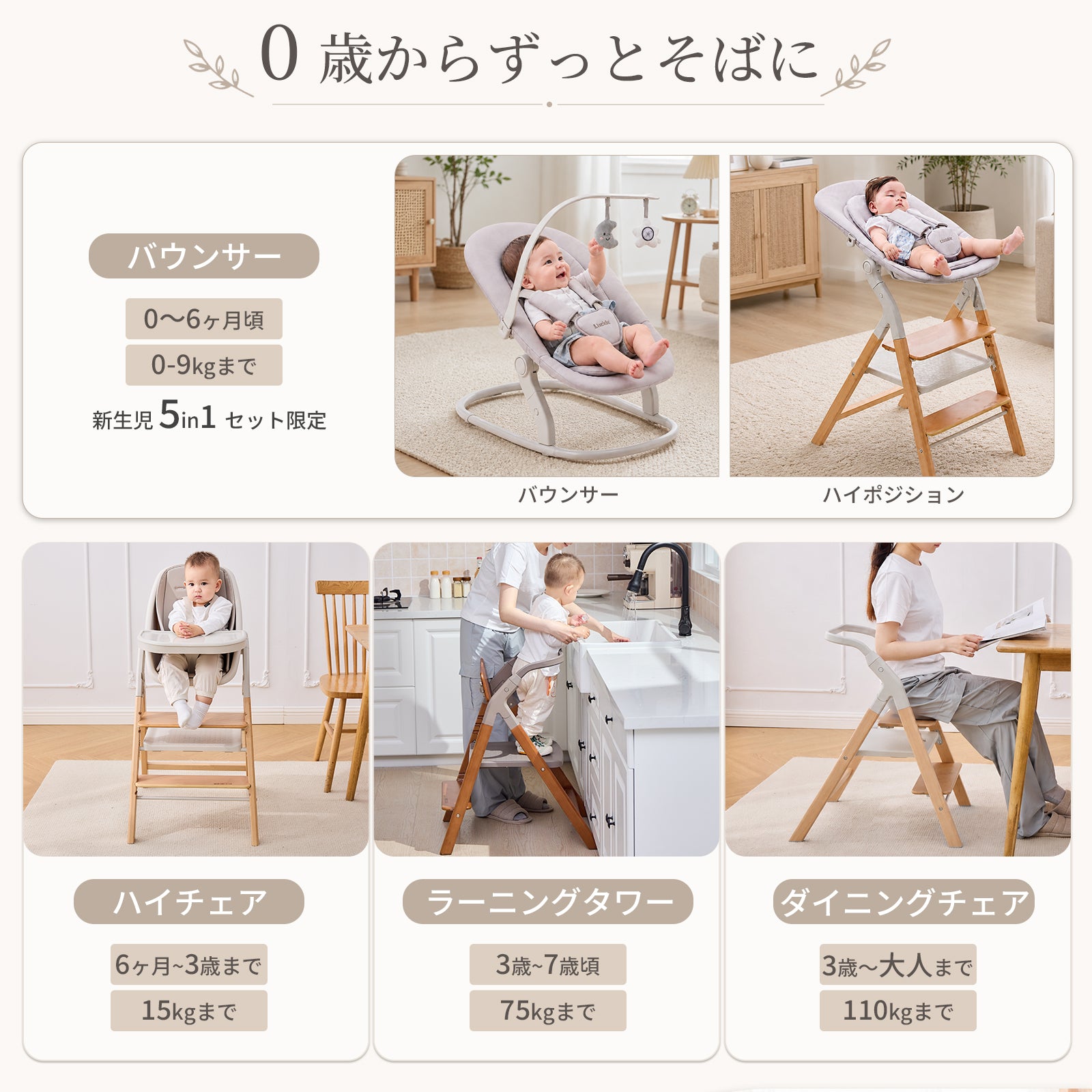 0歳から大人まで使える5つのモードと対象年齢