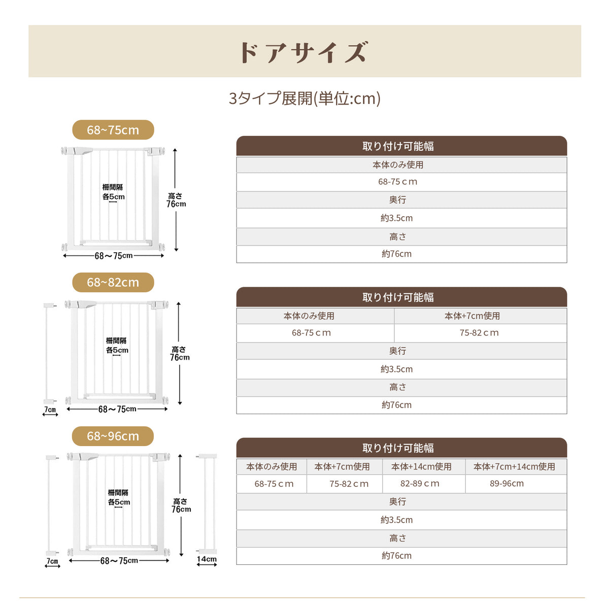 ドアサイズと拡張幅の表