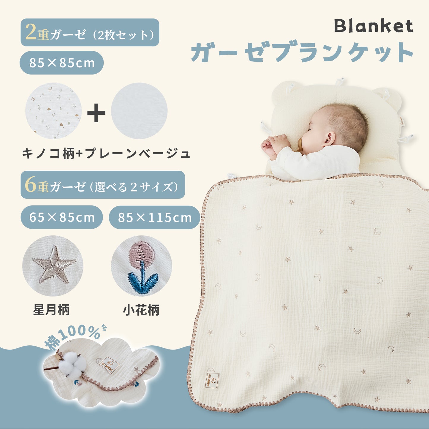 ガーゼケット ガーゼブランケット 綿100% 6重 2重 2枚セット おくるみ ベビー 出産祝い ギフト 春夏秋冬 オールシーズン 洗える 大判 ピコレース シェルステッチ  GUMODE