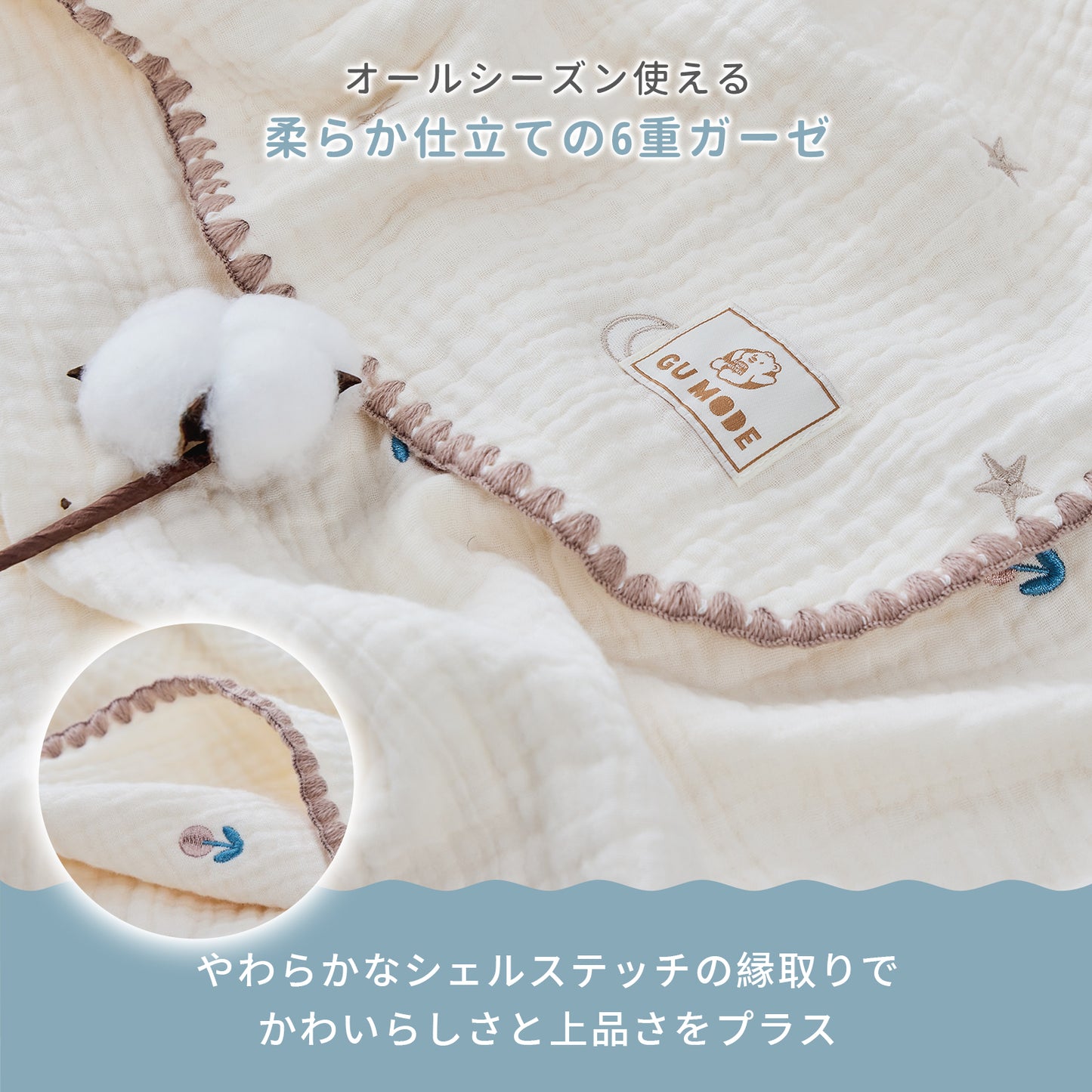 ガーゼケット ガーゼブランケット 綿100% 6重 2重 2枚セット おくるみ ベビー 出産祝い ギフト 春夏秋冬 オールシーズン 洗える 大判 ピコレース シェルステッチ  GUMODE