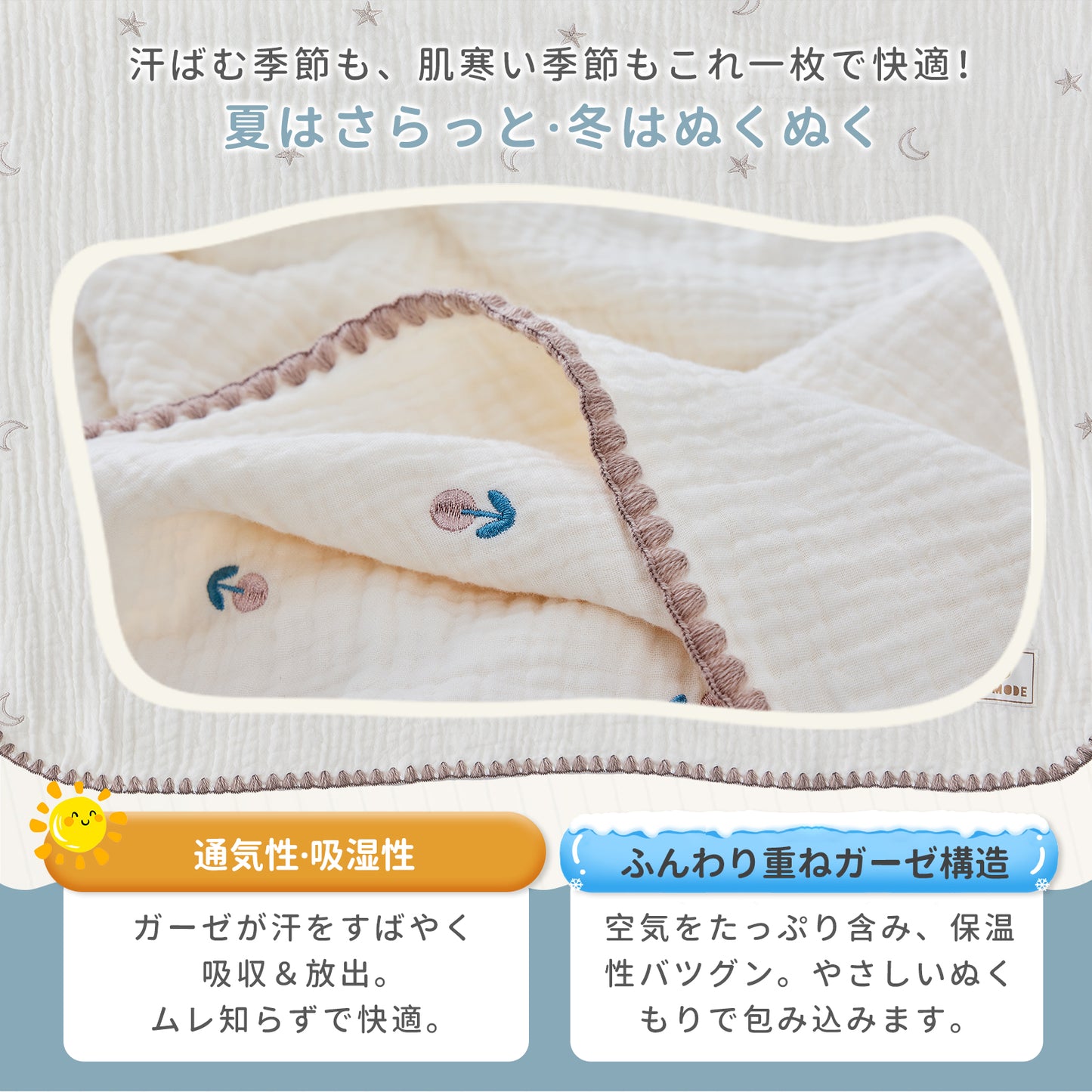 ガーゼケット ガーゼブランケット 綿100% 6重 2重 2枚セット おくるみ ベビー 出産祝い ギフト 春夏秋冬 オールシーズン 洗える 大判 ピコレース シェルステッチ  GUMODE