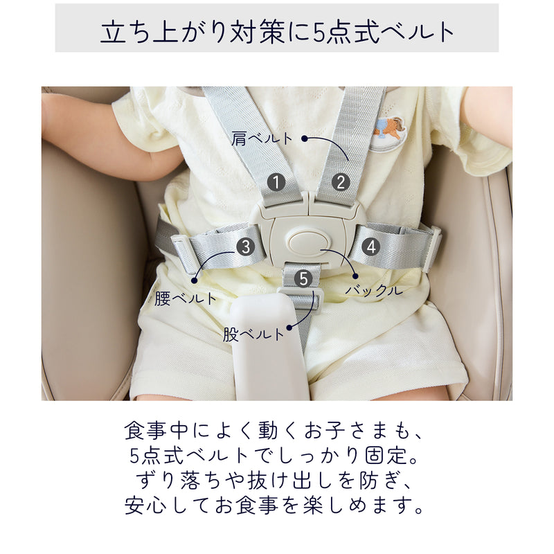 5点式安全ベルトでお子さまを固定する使用イメージ