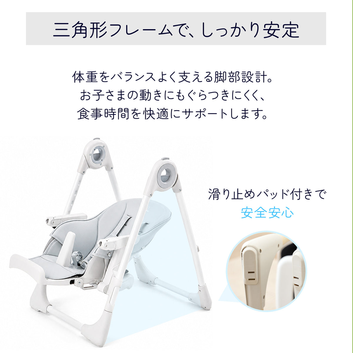 三角形フレームと滑り止めパッド付き脚部の構造