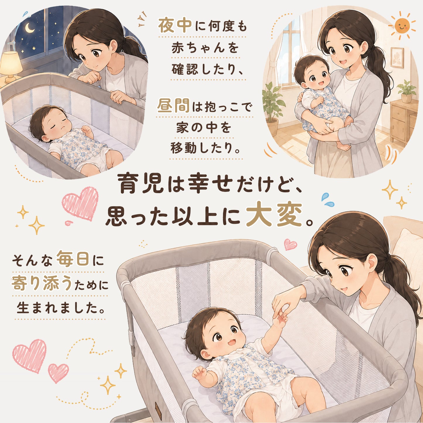 夜間と日中の育児に寄り添う多機能プレイヤード